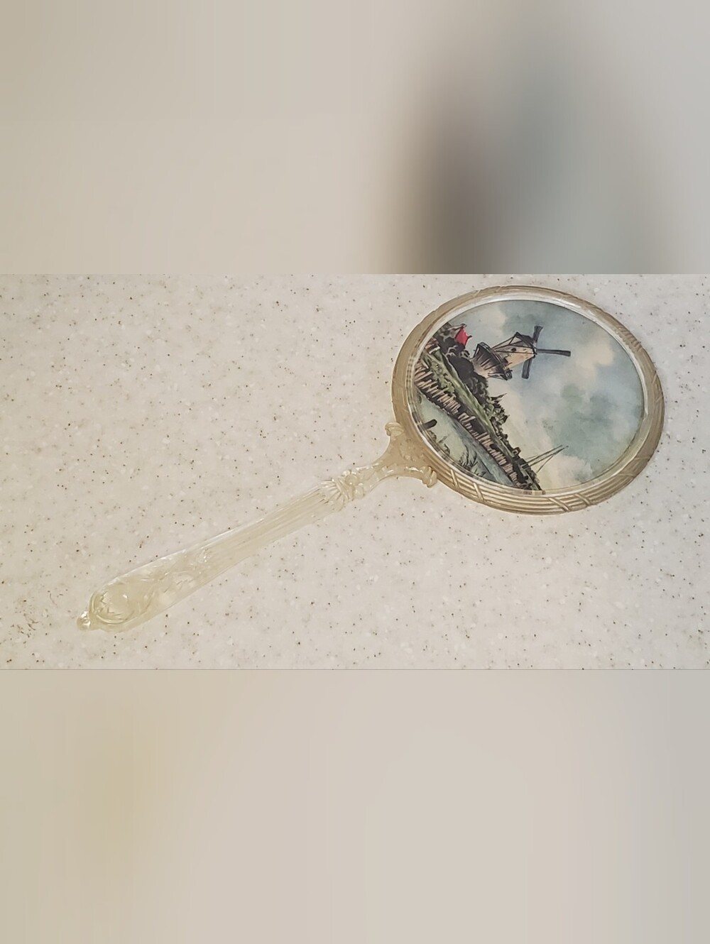 Vintage MCM Lucite Hand Mirror Windmill Landscape Clear Vanity Granny Chic Victo